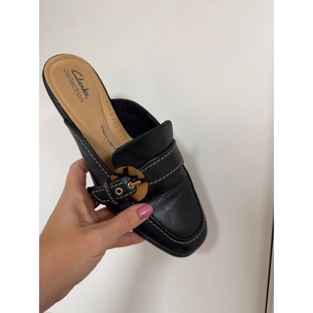 Clarks Collection Black Leather Mules Tortoise-shell Buckle Sz 8